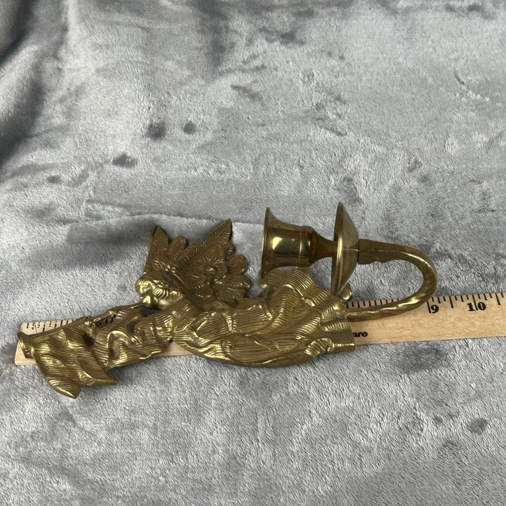 Vintage Brass Angel Wall Sconce Candle Holder Trumpet India Gold Tone 9.5 Inch